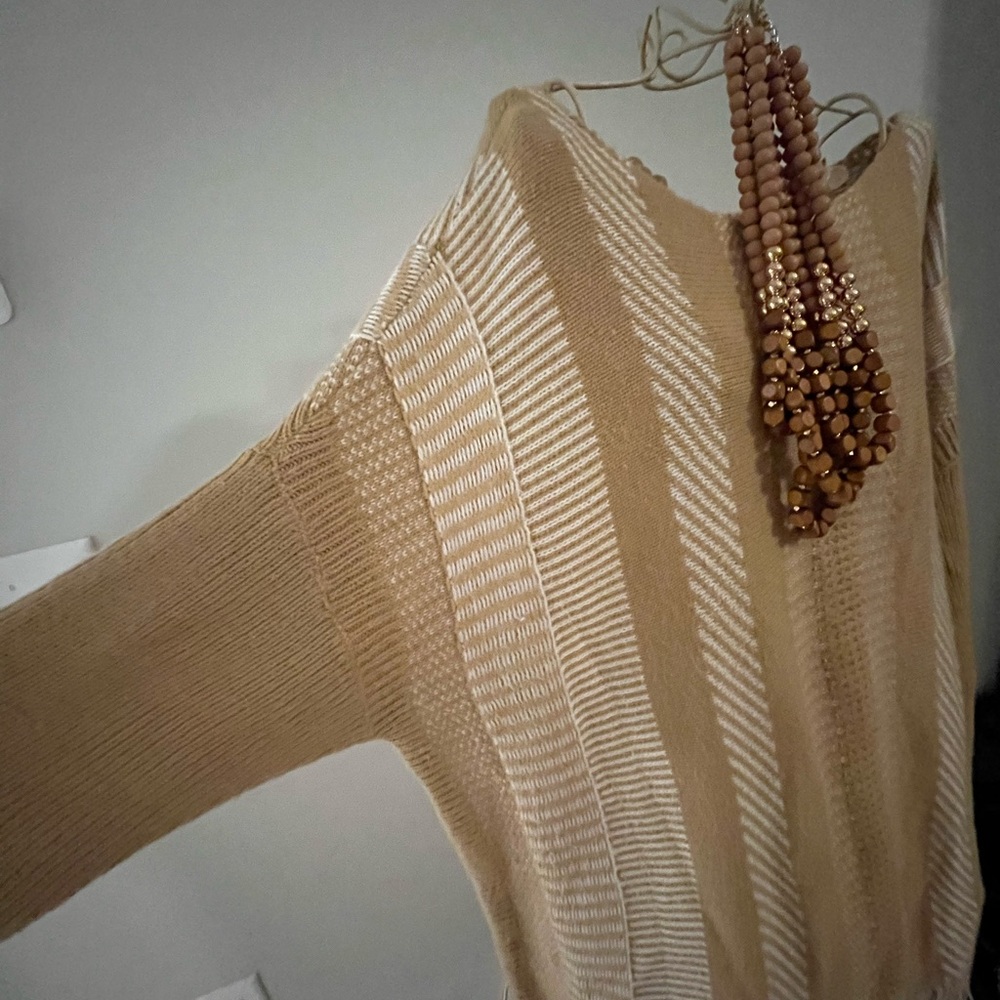 Chico's Tan and Cream Striped Sweater Poncho with Fringe Size 2 XL - Picture 4 of 7